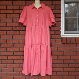 Crown & Ivy Tiered Shirtwaist Dress PL Midi Linen Blend Short Sleeve Salmon Pink